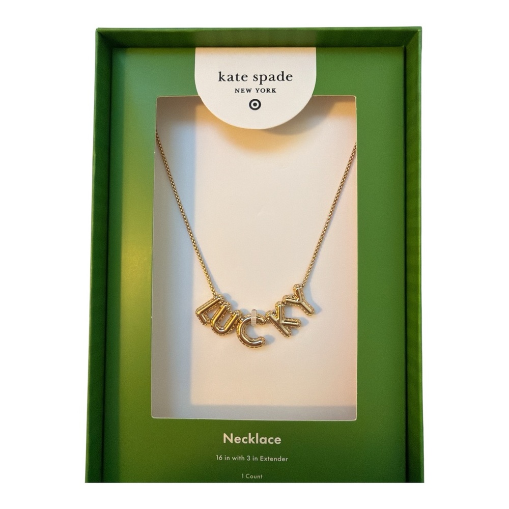 🍀 KATE SPADE X TARGET Gold Lucky Pendant Necklace Gold Tone Chain 16” +3” ext🍀